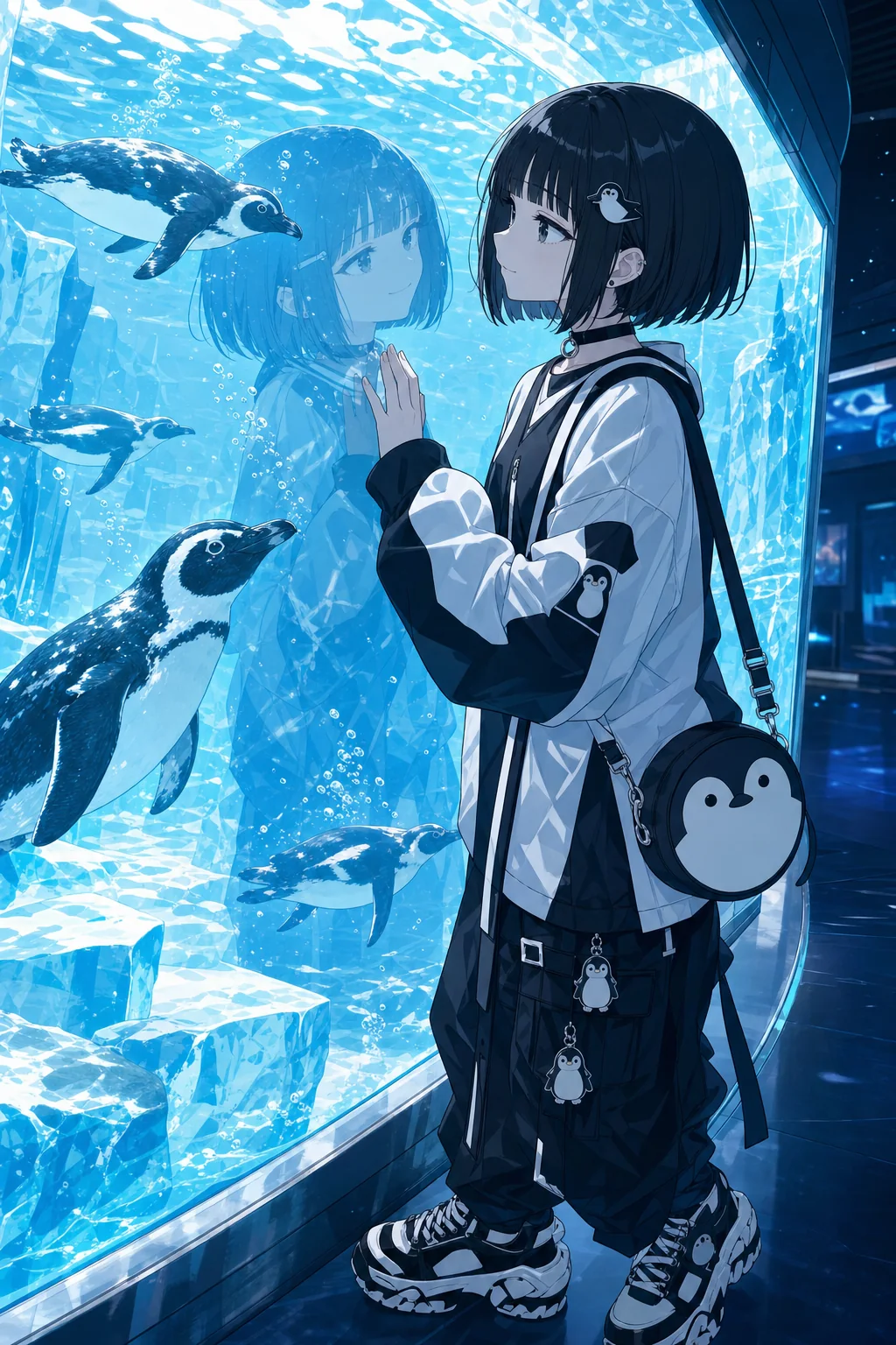 水族館の大水槽の前に立つDANSE
