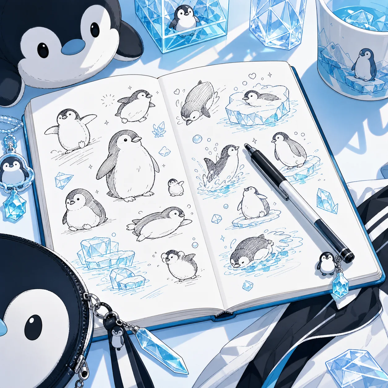 ペンギンの落書きで埋まったノート