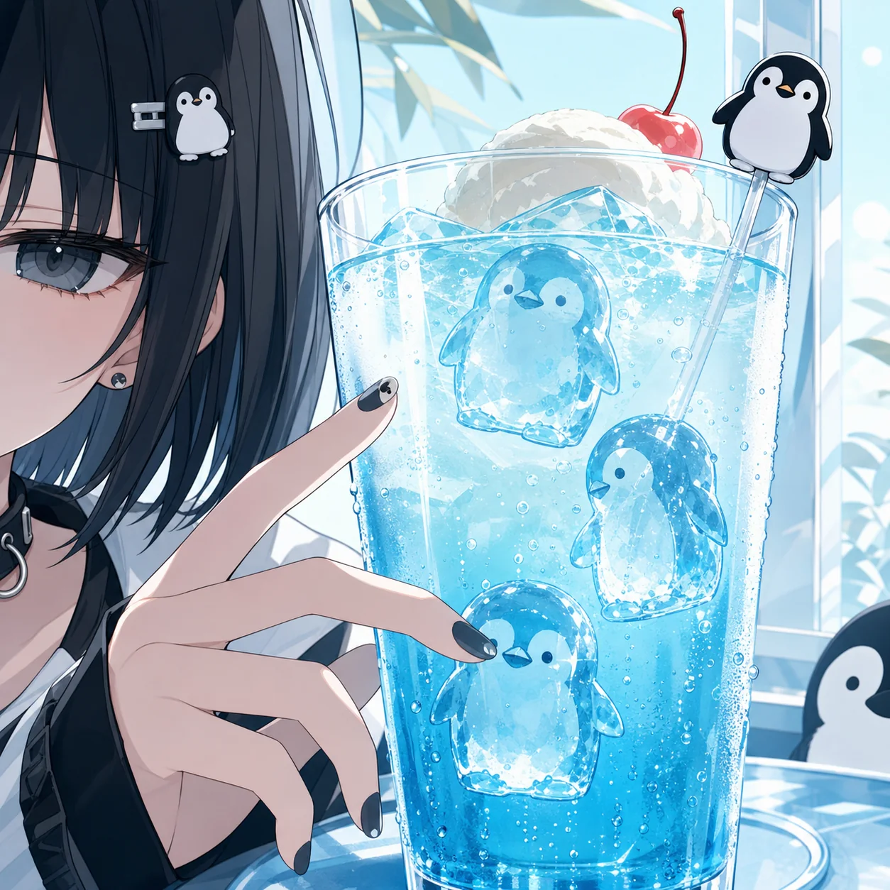 ペンギン型の氷が浮かぶ水色のソーダ