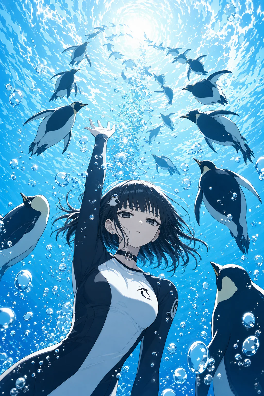 泡の柱の中を水面へ浮上していくDANSEとペンギンたち