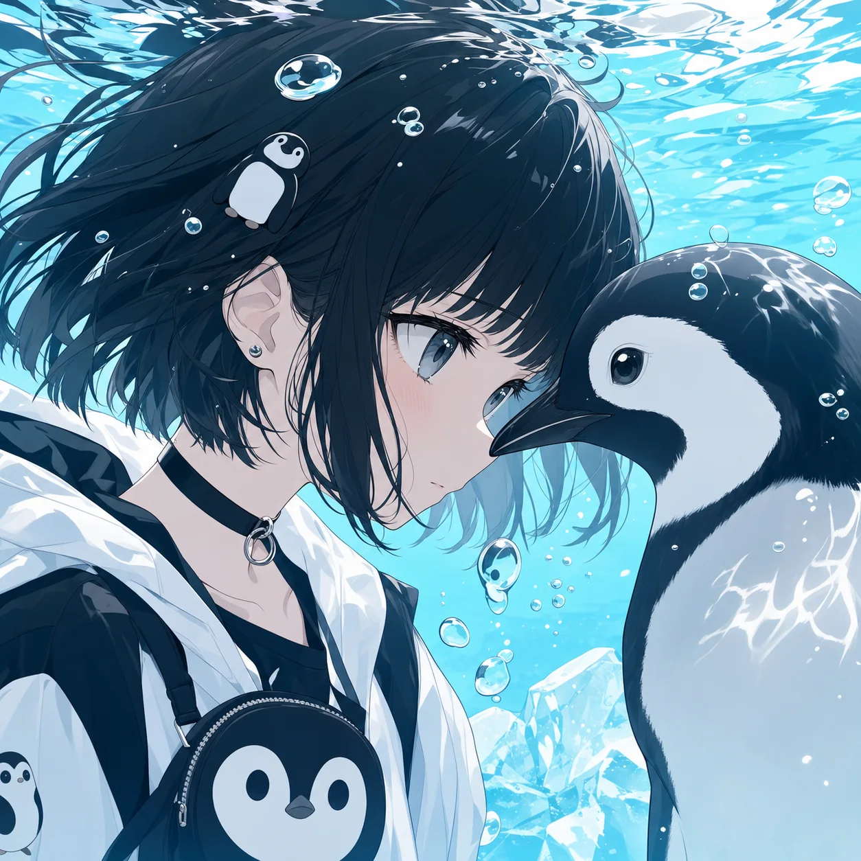 水中でペンギンと顔を突き合わせるDANSEのクローズアップ