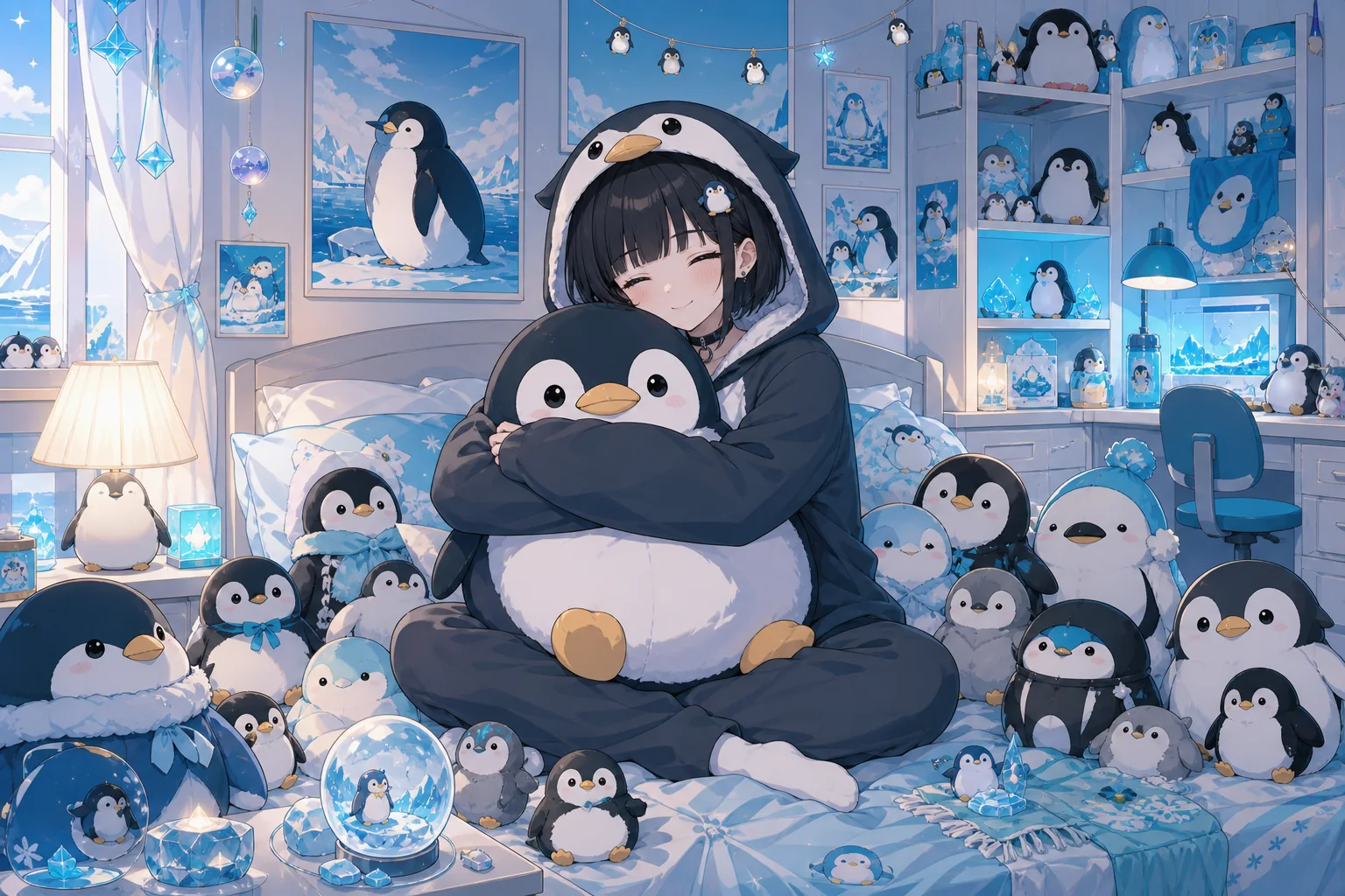ペンギンの着ぐるみでぬいぐるみに囲まれてとろけた笑顔のDANSE